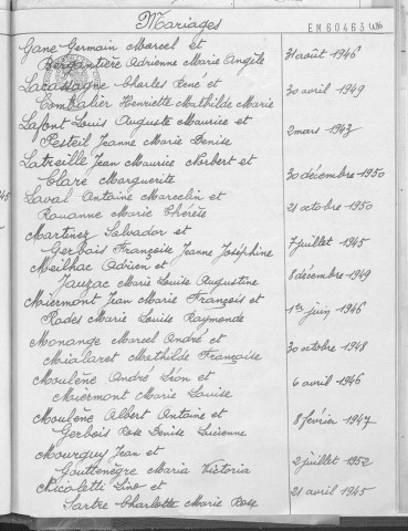 Tables décennales des mariages (1943-1952)