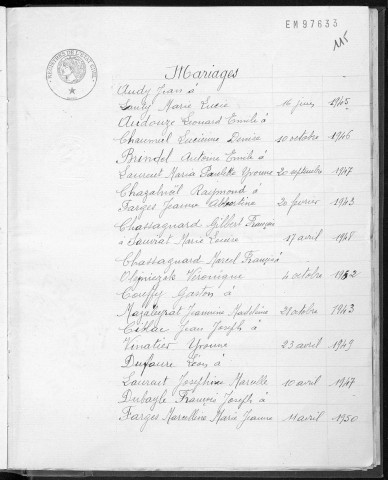 Tables décennales des mariages (1943-1952)