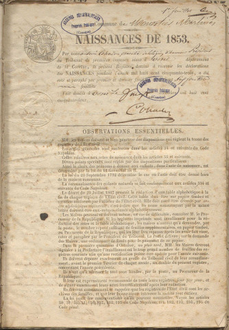 Naissances, mariages, décès (1853-1862)