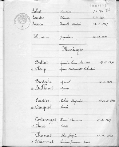 Tables décennales des mariages (1943-1952)