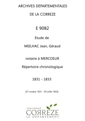 Répertoire chronologique : 27 octobre 1831-30 juillet 1833