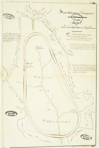 Projet et construction de l'hippodrome, travaux d'amélioration (1811-1851), construction d'une écurie (1824-1831), reconstruction du moulin de Saint-Cyr-la-Roche, servitudes, rentes d'amortissement (1813-1835), acquisition de la propriété Juge de Puy-Marmont (1835-1846).