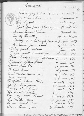 Tables décennales des naissances (1933-1942)