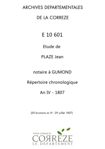 Répertoire chronologique : 20 brumaire an X-3 novembre 1809