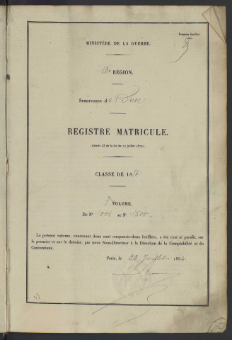 Classe 1884 : matricules 1001 à 1500.