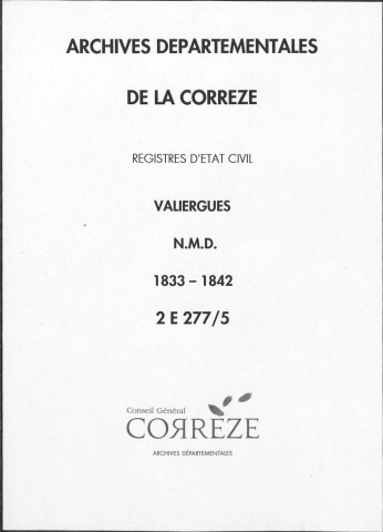 Naissances, mariages, décès (1833-1842)