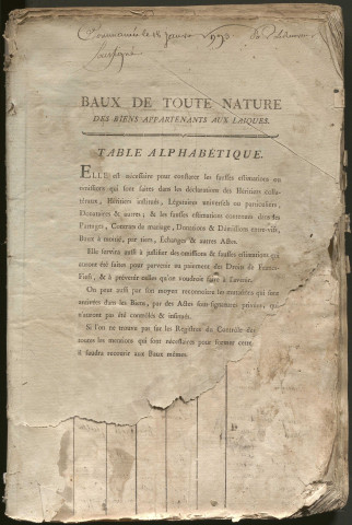 Table des baux de toute nature des biens appartenant aux laïques