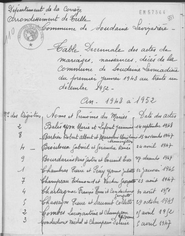 Tables décennales des mariages (1943-1952)