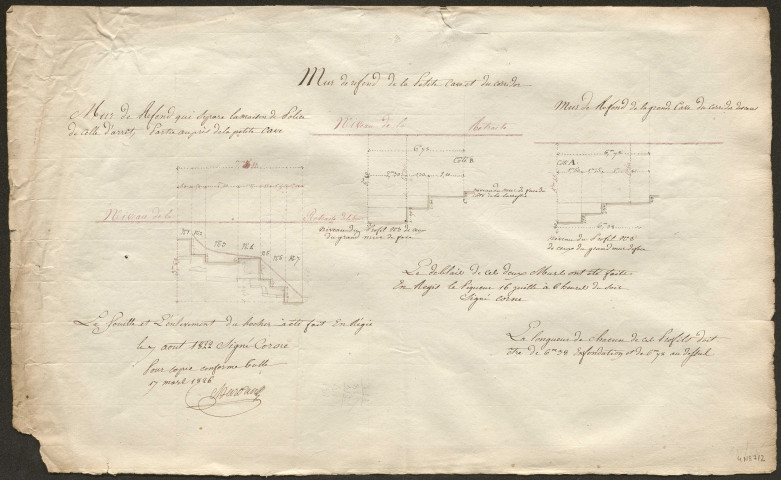 Travaux : correspondances, états des ouvrages ; dossier de situation des travaux et observations des architectes (1822-1826), dont "projet d'une fosse et des cabinets de latrines pour les maisons d'arrêt de justice et de police municipale" : plan aquarellé, couleur, papier, par Chardau [1826]