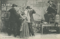 Folklore (scènes de) : "50 - En Corrèze - La bourrée - Quand je danse, tout mon bien danse, Je n'ai pas peur de perdre ma fortune. Aussi bien, danse celui qui n'a rien, Que celui qui possède quelque chose.". texte en limousin.