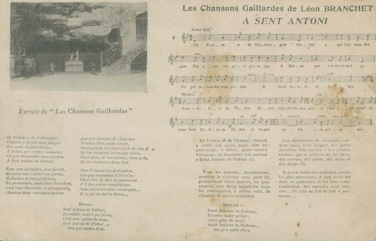 Folklore : "Les chansons gaillardes de Léon Branchet - A sent antoni". Texte et partition en langue limousine, illustrés d'une vue de Brive-la-Gaillarde.
