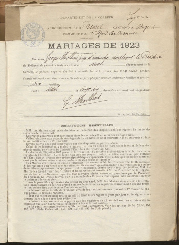 Naissances, mariages, décès (1923-1932).