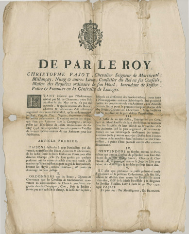 Arrêts du Parlement, lettre de jussion, ordonnance de Christophe Pajot, intendant de justice de Limoges.