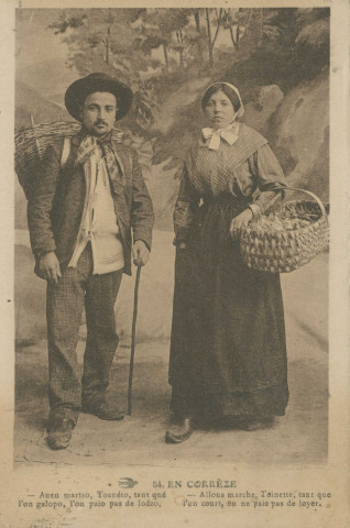 Folklore (scènes de) : "54. En Corrèze - Allons, marche Toinette, tant que l'on court, on ne paie pas de loyer.". texte en limousin.