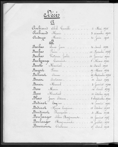 Tables décennales des décès (1933-1942)