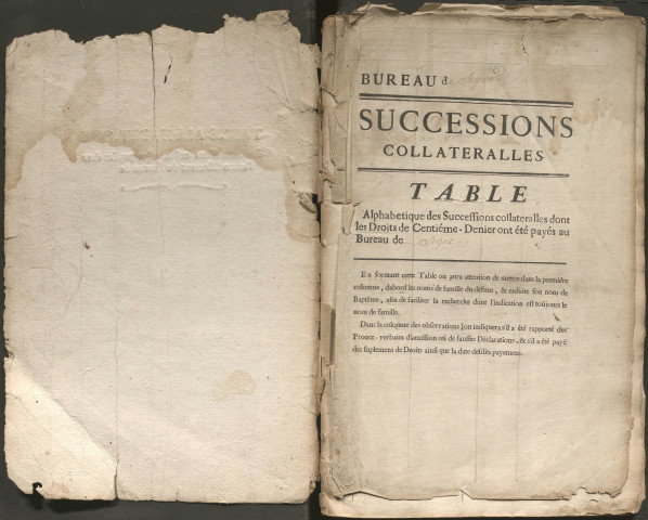 Table alphabétique des successions collatérales dont les droits de Centième Denier ont été payés.