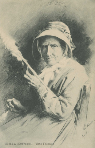Folklore : "Gimel (Corrèze). - Une fileuse". Dessin de Gaston Vuillier.