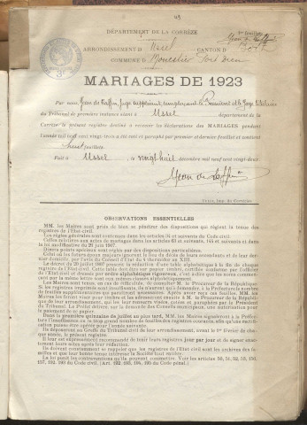 Naissances, mariages, décès (1923-1932).