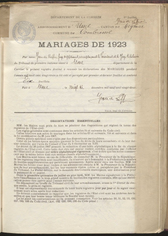Naissances, mariages, décès (1923-1932).