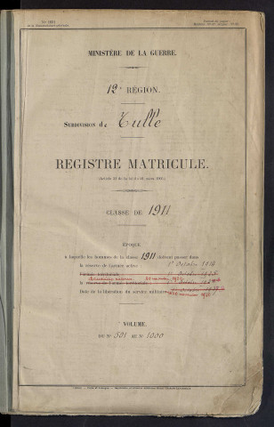 Classe 1911 : matricules 501 à 1000.