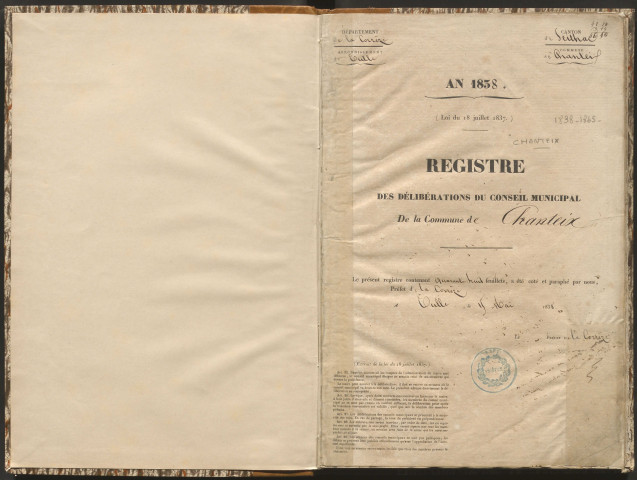 Délibérations du conseil municipal. 27 mai 1838-03 septembre 1865