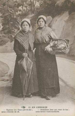 Folklore (scènes de) : "57. En Corrèze - Attendons Jean qui vient là-bas ; nous ferons route ensemble". texte en limousin.