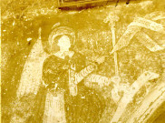 Peinture murale représentant l'ange Gabriel tenant un phylactère, détail de l'Annonciation.