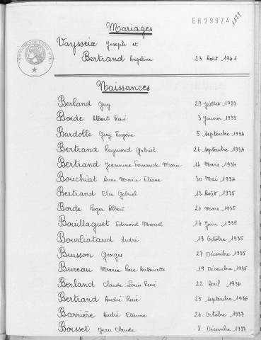 Tables décennales des naissances (1933-1942)