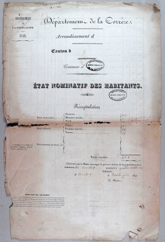 Population : listes nominatives (1841-1968), dénombrement (1866), mouvements de population (1888-1895).