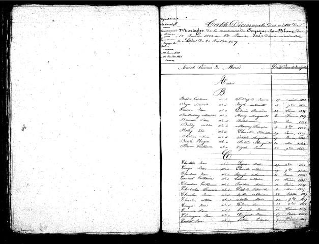 Tables décennales des mariages (1833-1842)