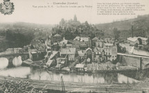 Uzerche : "1. - Uzerche (Corrèze) - Vue prise du N.E. - La boucle formée par la Vézère". "Dans les temps glorieux que l'histoire rappelle, Sur son fier promontoire, oh ! qu'Uzerche était belle, Mirant dans les flots bleus ses belliqueux atours, La Vierge, en son honneur, ne souffrait nulle entaille, Il était malaisé de lui prendre la taille, Que défendait si bien sa ceinture de tours.