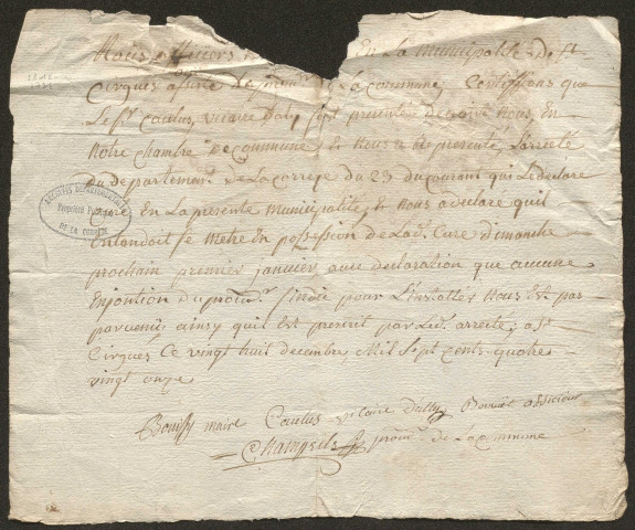 Serment du curé (1791). Prise de possession de la cure (1791). Sonneur de cloches (1792).