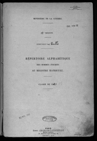 Classe 1921 : table alphabétique.
