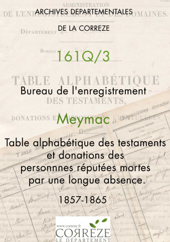 Table alphabétique des testaments et donations des personnes réputées mortes par une longue absence.