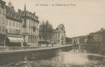 Tulle : "60. Tulle - Le théâtre et la poste". Commerce Le Grand Bazar du Globe près de la poste.