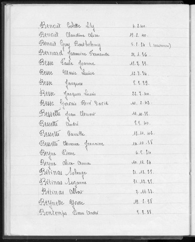 Tables décennales des naissances (1933-1942)