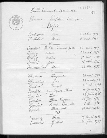 Tables décennales des décès (1933-1942)