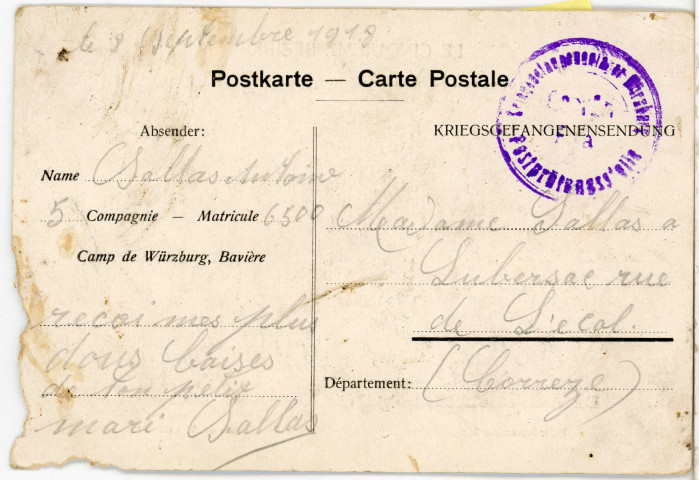 "Le cinquième Bezirk" : carte postale de prisonnier avec illustration, envoyée par Gabriel à son épouse.