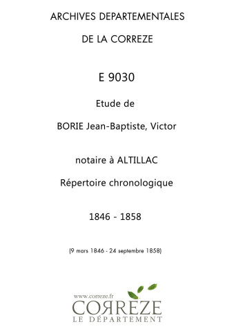 Répertoire chronologique : 9 mars 1846-24 septembre 1858