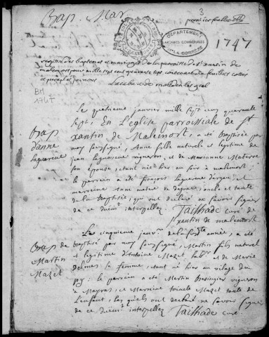 Baptêmes, mariages (1747-1776)