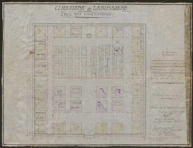 Plan des concessions du cimetière de la Bussière sur toile.