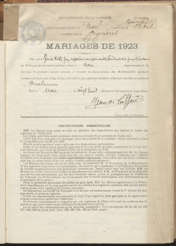 Naissances, mariages, décès (1923-1932).