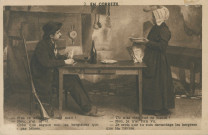 Folklore (scènes de) : "2. En Corrèze - Tu n'as rien tué ce matin ? Non, je n'ai rien vu. Je crois que tu suis davantage les bergères que les lièvres.". texte en limousin.