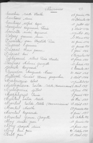Tables décennales des naissances (1923-1932)