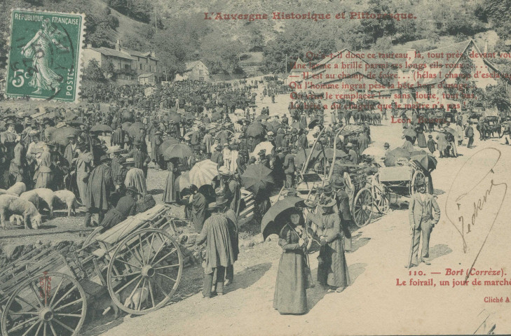 Bort-les-Orgues : "L'Auvergne historique et pittoresque - 110. - Bort (Corrèze) - Le foirail, un jour de marché". Vers de Léon Brunel.