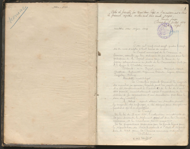 Délibérations du conseil municipal. 26 octobre 1924-20 juin 1938