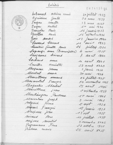 Tables décennales des naissances (1933-1942)