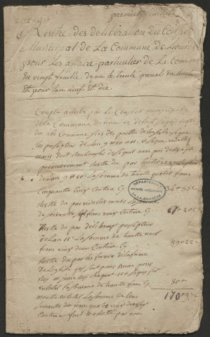 Délibérations du conseil municipal. 19 juin 1800-20 septembre 1818