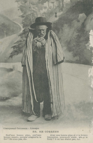 Folklore (scènes de) : "55. En Corrèze - Avec une bonne pipe et une bonne limousine, pourquoi craindrais-je le froid ? Il ne me craint pas, lui.". texte en limousin.