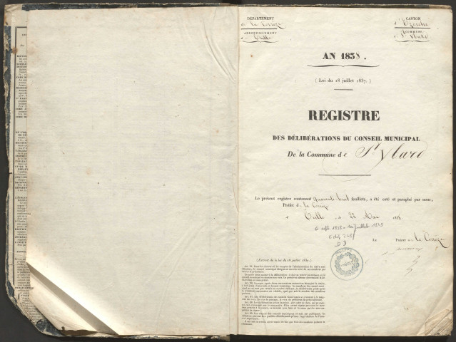 Délibérations du conseil municipal. 6 septembre 1838-1er juillet 1849